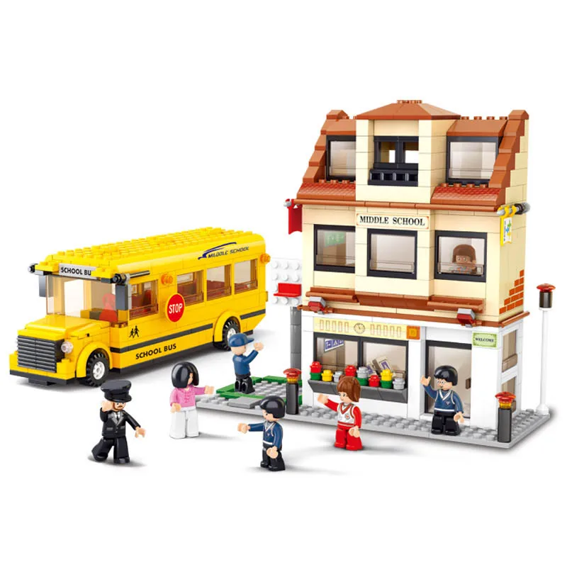 

Sluban 0333 City Middle School School Bus Figure Blocks Educational Construction Bricks Toys For Children Compatible Legoe
