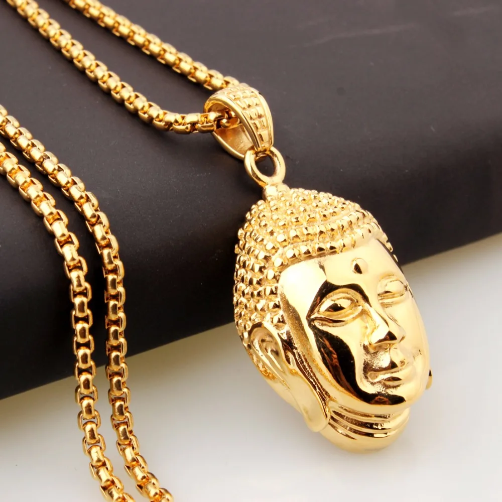 Top Hot Sale Chain Necklace Jewelry Gold Color Stainless Steel Cool Men&#39;s Unique Buddha Head ...