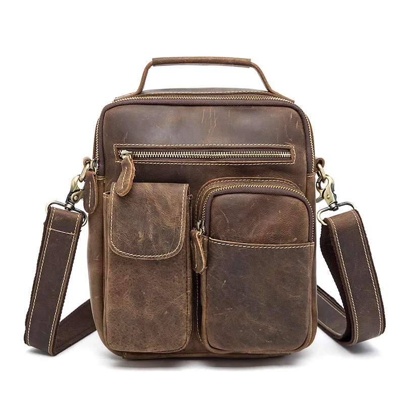 Soft face solid color wear Cow Leather men bags retro three-dimensional design crazy horse leather men's shoulder Messenger bag