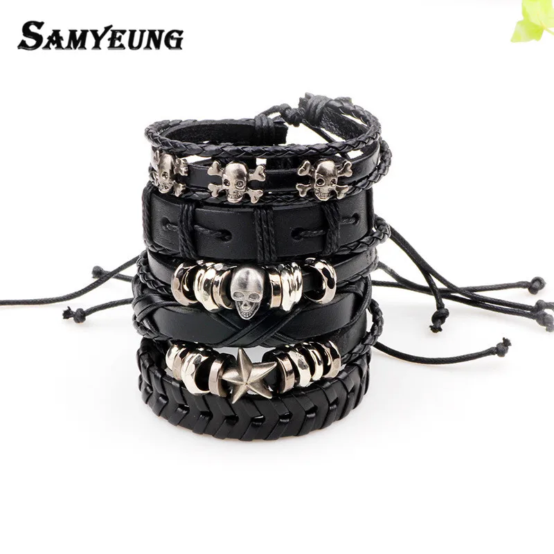 6Pcs/Lot Punk Skull Leather Bracelets for Men Jewelry Tritium Bracelet Braclet Male Braslet Women Anime One Piece Biker Jewelry