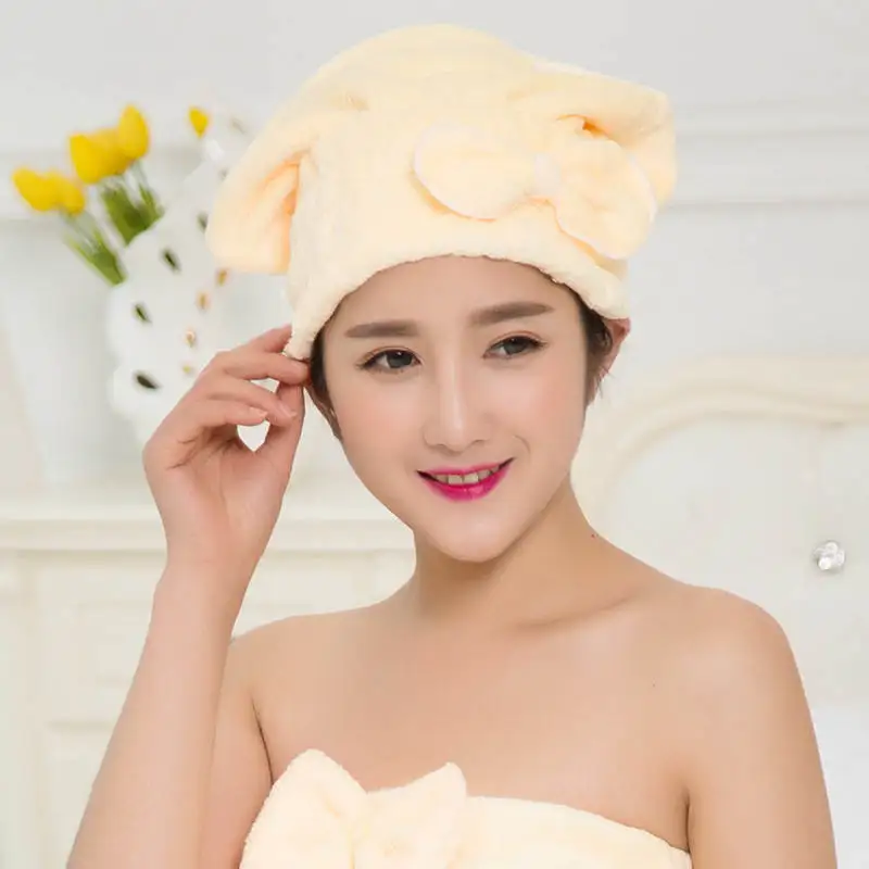 Good Deal Bow Coral Velvet Shower Cap Super Absorbent Dry Hair Cap