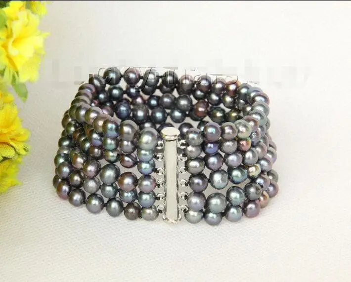 

FREE SHIPPING HOT sell new Style >>>>Genuine 6row 8" 7mm black pearls bracelet magnet clasp