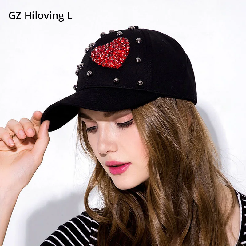 

GZHilovingL Rhinestone Baseball Cap With Heart Shape Women Diamond Cap Cotton Snapback Hat Black Casual Casquette Femme Sport
