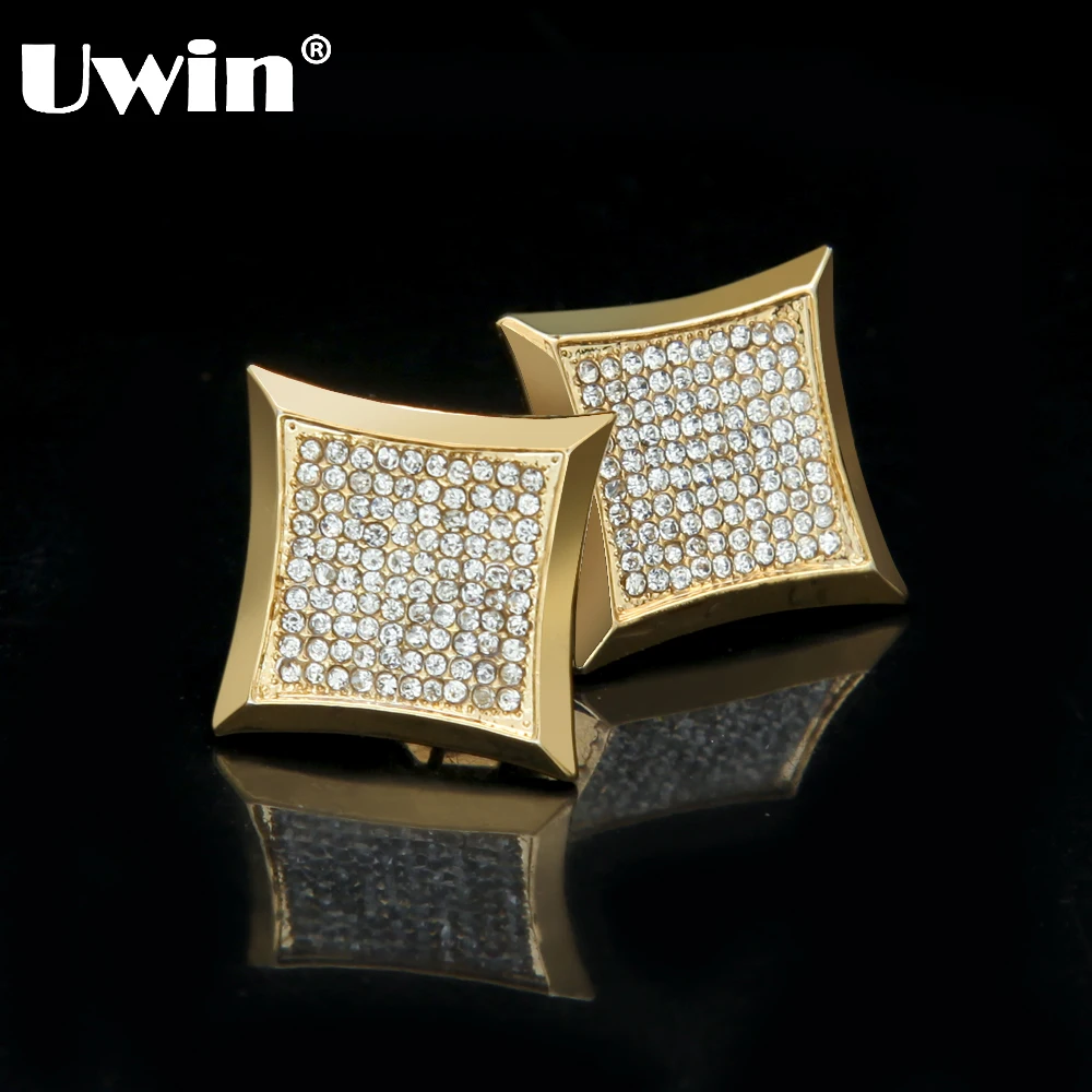 Uwin большой размер 15 мм* 15 мм Полный Bling Стразы Золотая Сережка-гвоздик и серебряный цвет хип-хоп модные серьги для мужчин ювелирные изделия