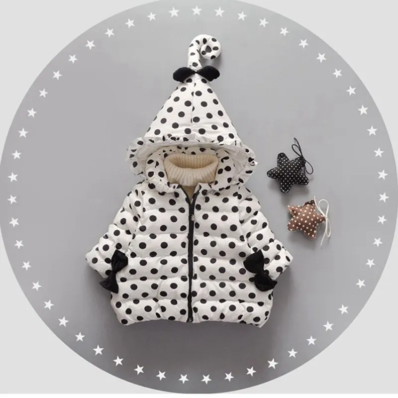 Baby girl Coat In Winter Zipper hooded Polka dot long tail hat Bow-tie pockets  cotton-padded jacket for Kids Children warmed up (27)