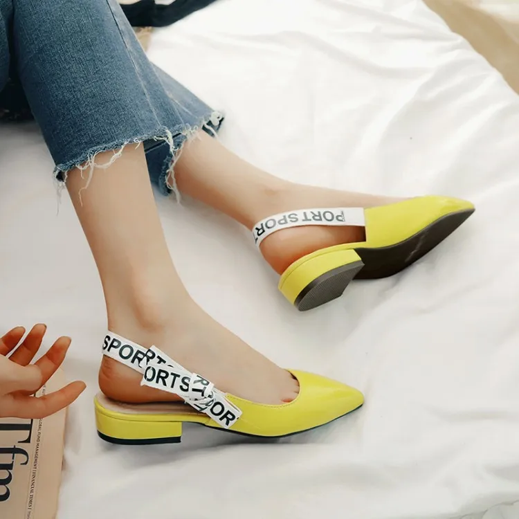 Sianie Tianie Summer Patent PU Pointed Toe Square Chunky Low Heels Yellow White Woman Sandals Slingback Shoes Size 45 46 47