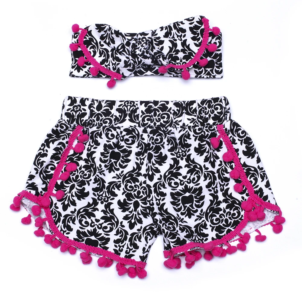 

Floral Leopard Damask Flower Girls Shorts Birthday Outfit Girls Toddler Pompom Shorts