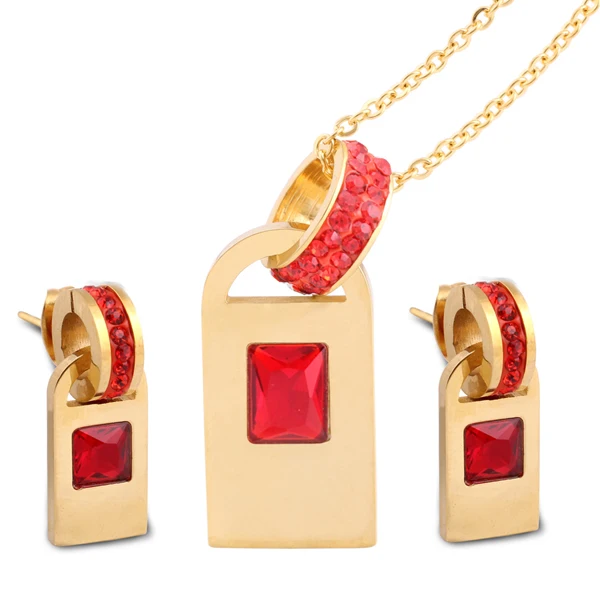Женские свадебные комплекты ювелирных изделий, включая 1 пара из нержавеющей стали CZ серьги гвоздики и 1 шт. ожерелье с цепочкой из камней CZ - Окраска металла: Red