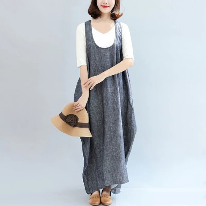 Серый Г. ZANZEA/женские летние туфли с ремешками, без рукавов, однотонные, мешковатые, с открытой спиной, Длинные Комбинезоны, платье из хлопка и льна, вечерние, пляжные, Vestido размера плюс - Цвет: Серый