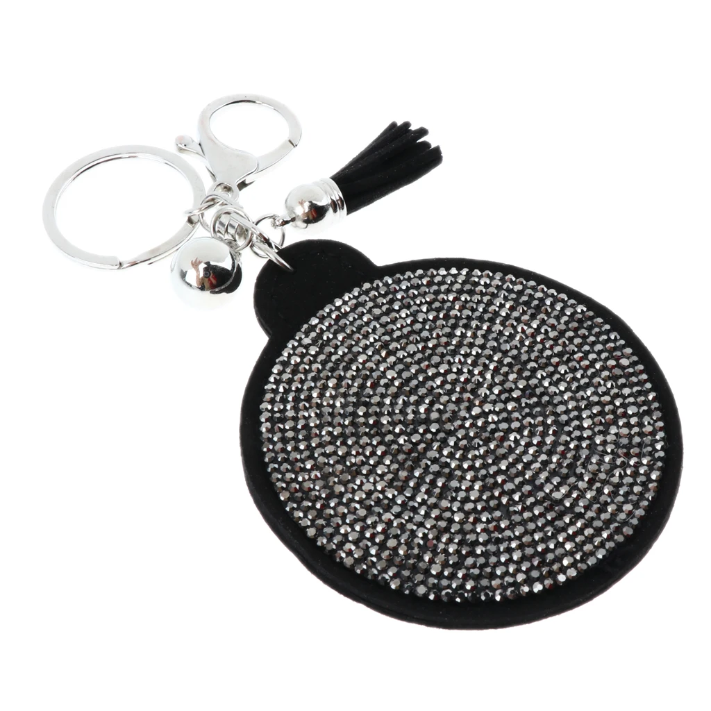 Woman Charm Key Chain Shape Round Crystal Keychain Tassel Mirror Grey