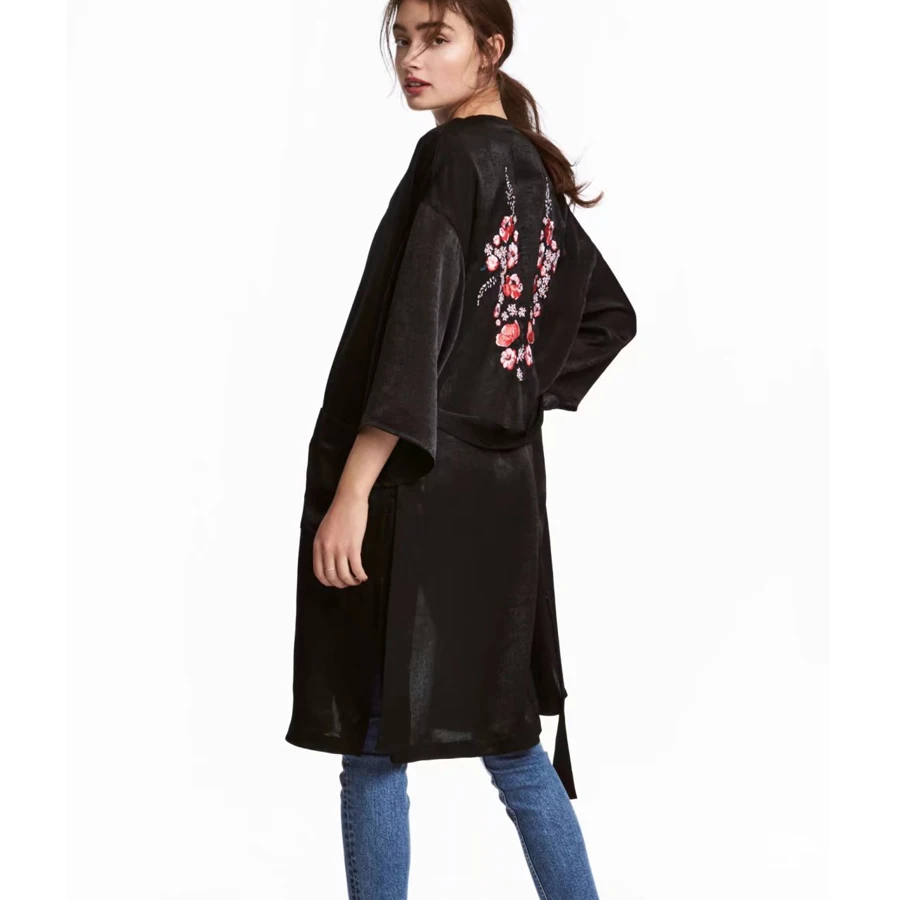 

TEELYNN black satin blouse boho long blouse 2018 spring floral embroidery loose style Cardigan bohemian women blouse kimono top
