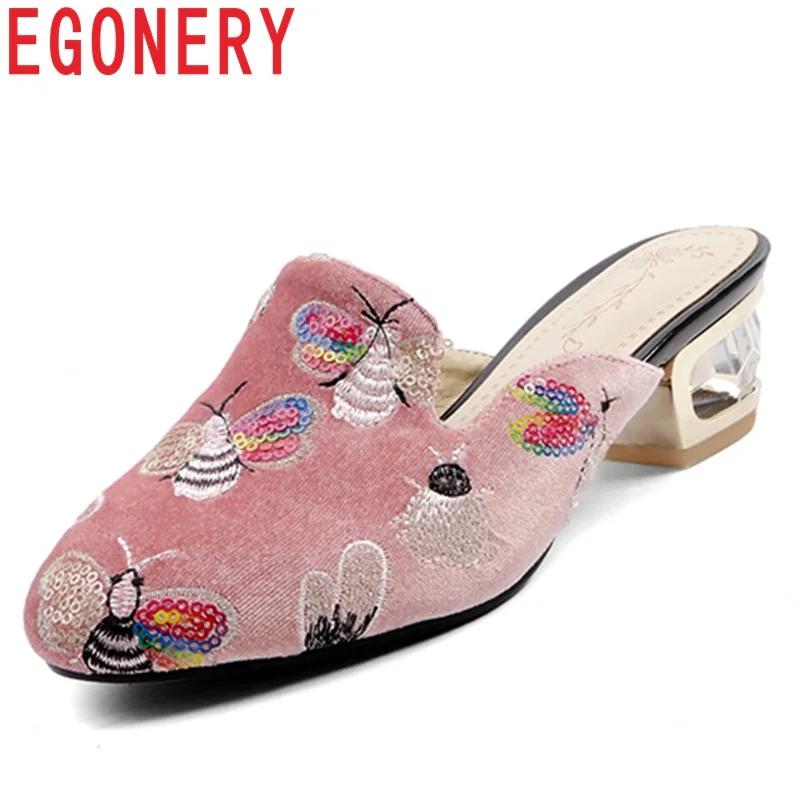 

EGONERY Genuine Leather woman's Slippers 2019 summer Butterfly pattern Embroider Flock crystal 5 cm med heels shoes cut girl