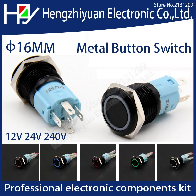 

3V 5V 12V 24V 48V 110V 220V LED Locking 16mm Waterproof Metal Push Button Switch maintained metal switch Latching push button