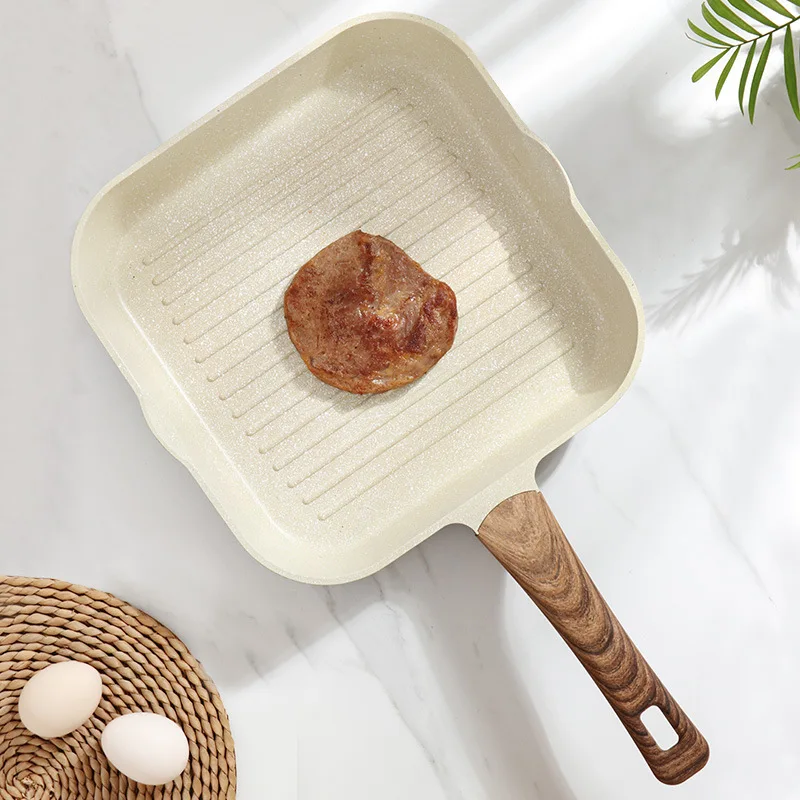 

Steak Frying Pan Non-stick Medical Stone Coating Home Kitchen Breakfast Pan Square Shape with Wood Cover Griddles & Grill Pans