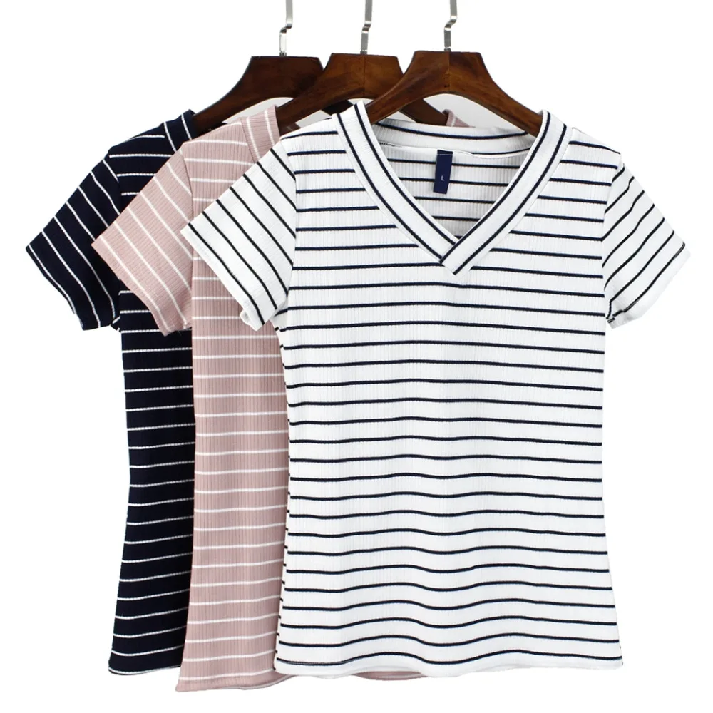 

GIGOGOU S-2XL Plus Size Summer T Shirt Women Striped V-neck Short Sleeves TShirt Fashion Cotton Casual Female T-Shirt