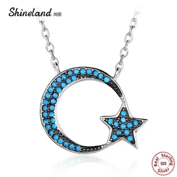 

Shineland Collection 925 Sterling Silver Trendy Vintage Star Moon Blue Beads Pendants Necklace for Women Statement Accessories