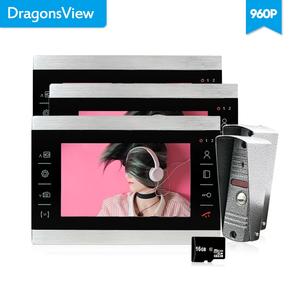 

Dragonsview 960P Doorbell Intercom Camera System Touch Key Video Entryphone 7"X 3 monitors 2 Doorbell Panel Picture Video Record