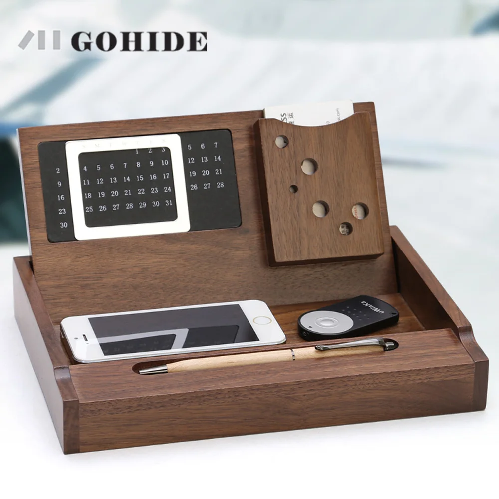 

JUH Gohide Luxury Office Storage Box Wooden Desktop Stationery box Maple Organizer with Calendar Pen Loop Name Card Holder ZLCP