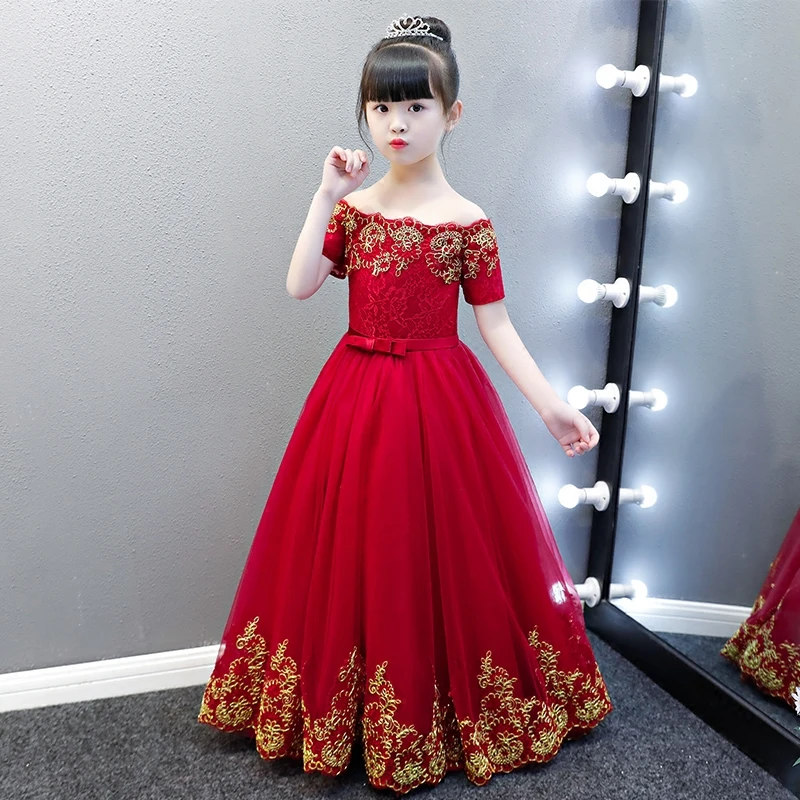 2018 nuevo vestido de princesa vestidos niña de flores de vino para traje de fiesta de boda vestido de fiesta sin hombros vestido de fiesta comunión - AliExpress