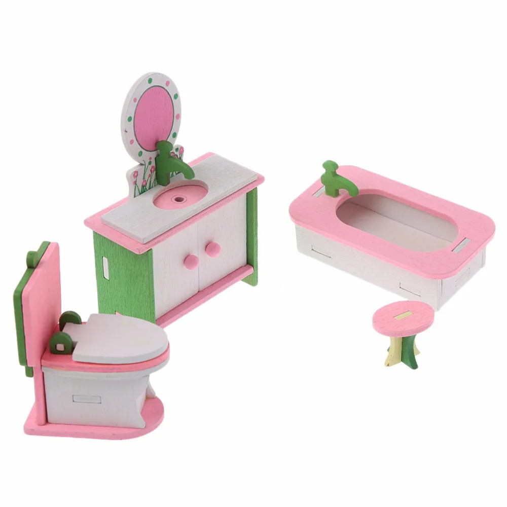 cheap HBB Kid Wooden Furniture Dolls House Miniature Bath Bed Living Room Children Toy Gift