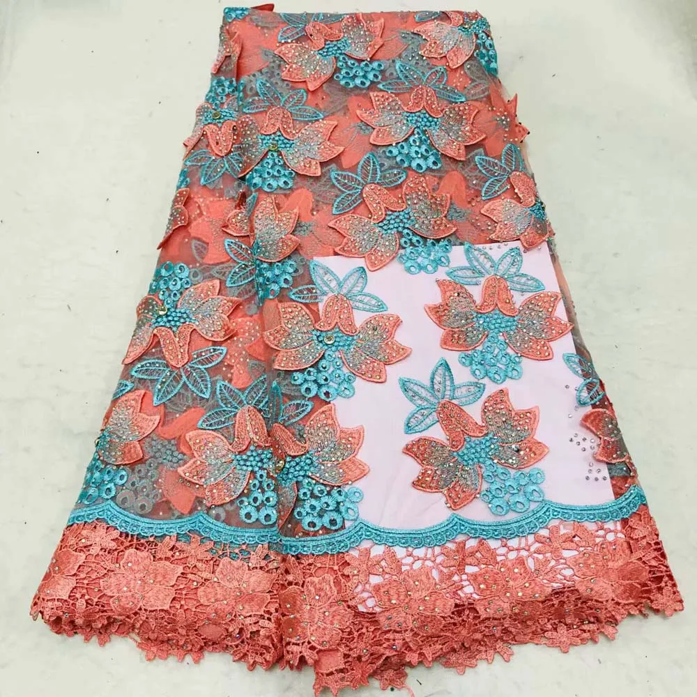 

Free shipping (5yards/pc) High quality beaded African French net lace fabric in Peach and green for party dress BK010