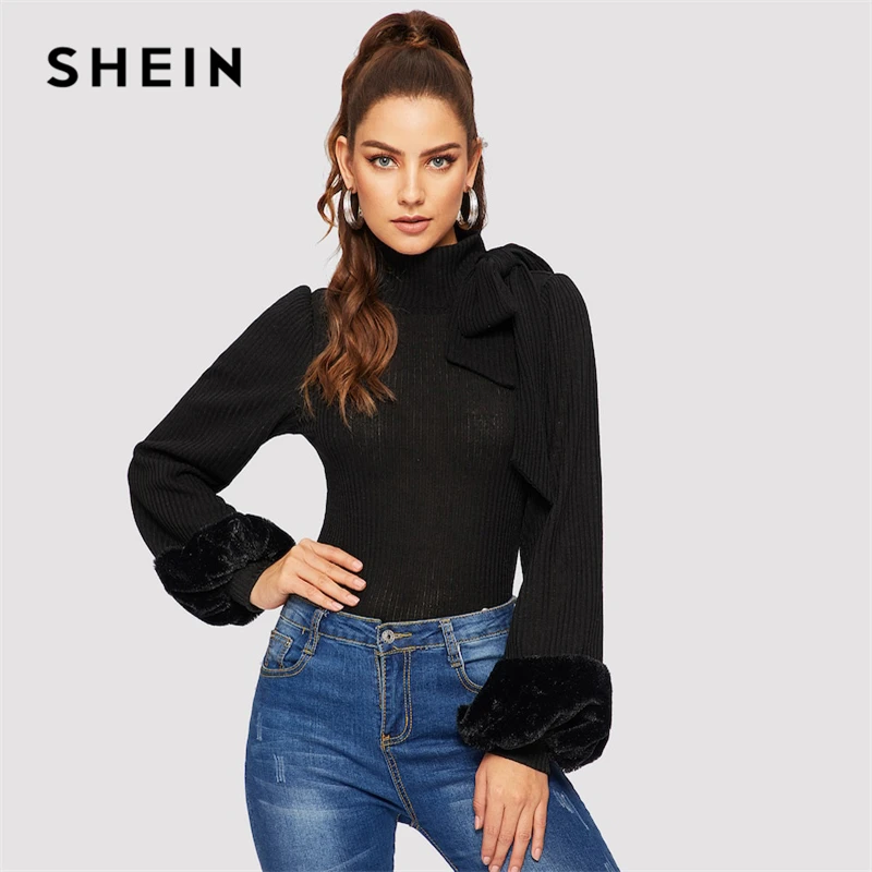 Buy SHEIN Black Bow Detail High Neck Contrast Faux Fur