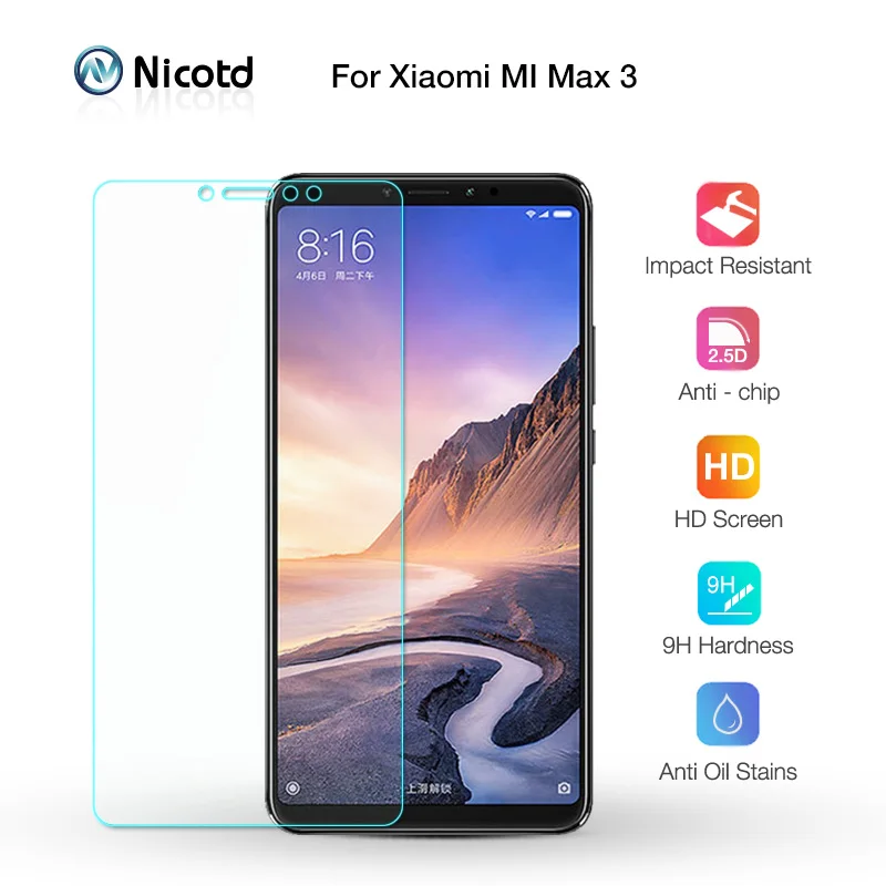 Закаленное стекло Nicotd для Xiaomi Mi MAX 3 защита экрана 9H 2.5D Защитное телефона 2 1 пленка