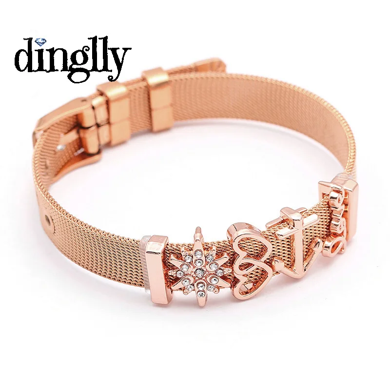 

DINGLLY femme crown DIY double heart snowflake(rose gold)Stainless steel bracelet men women buckle jewelry pandora bracelets