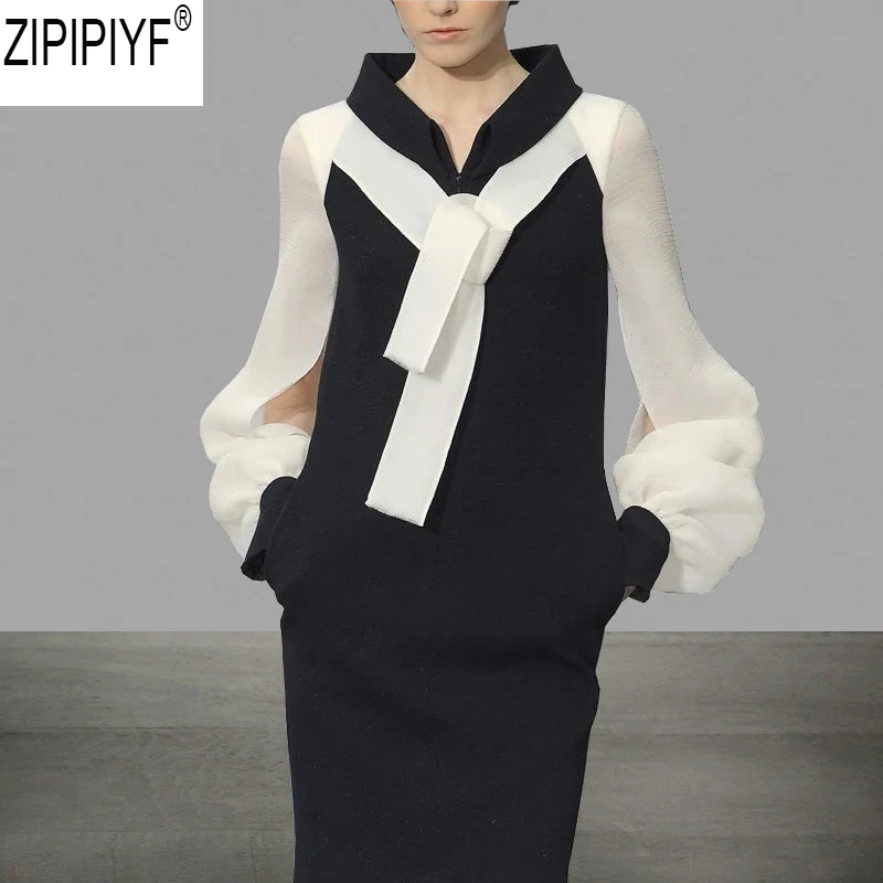 

2018 High-End Caltwalk Fashion Women Stand Collar Long Sleeve Pencil Bodycon Short Dress Autumn Patchwork Short Vestidos C2490