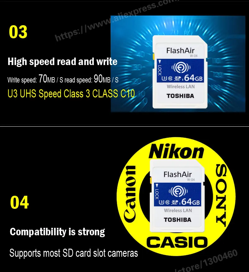 TOSHIBA Wi-Fi SD Card 16 ГБ 32 ГБ SDHC 64 ГБ SDXC Class 10 U3 FlashAir W-04 памяти флэш-карты для цифровой Камера