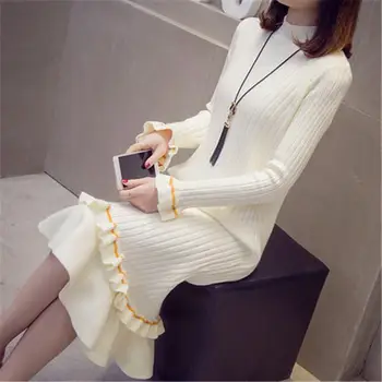 

2019 New Spring Autumn Women Thick Long Sleeve Ruffles Sweater Dress Female Elegant Slim Warm Casual Pullover Knit Vestidos H28