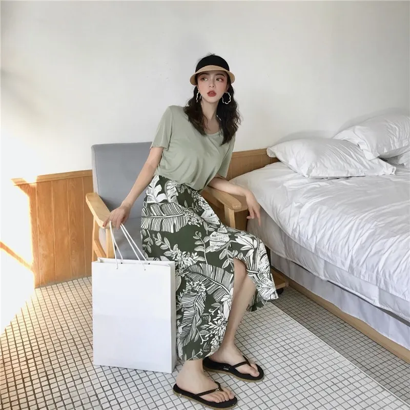 

2019 Fashion Women Floral Print Skirt Set Bohemian Short Sleeve Split Two Piece Set High Waist Lace Up Tops And Wrap Skirt