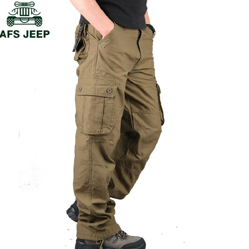 

100% Cotton Men Casual Pants Plus Size Multi Pockets Military Tactical Pants Male Outwear Straight Joggers Long Trousers Mens