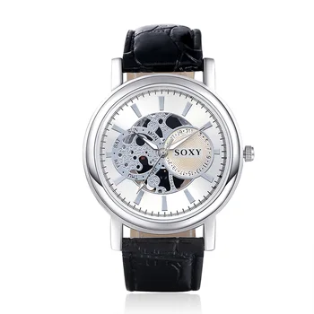 

RelogioMasculino Fashion Business Skeleton Watch Men Watch Engraving Hollow Quartz Wristwatch Leather Clock Erkek Kol Saati