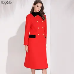Nagodo красное шерстяное пальто 2019 новое зимнее женское Шерстяное Пальто с отворотом двубортное ТРАПЕЦИЕВИДНОЕ длинное пальто Casaco Feminino