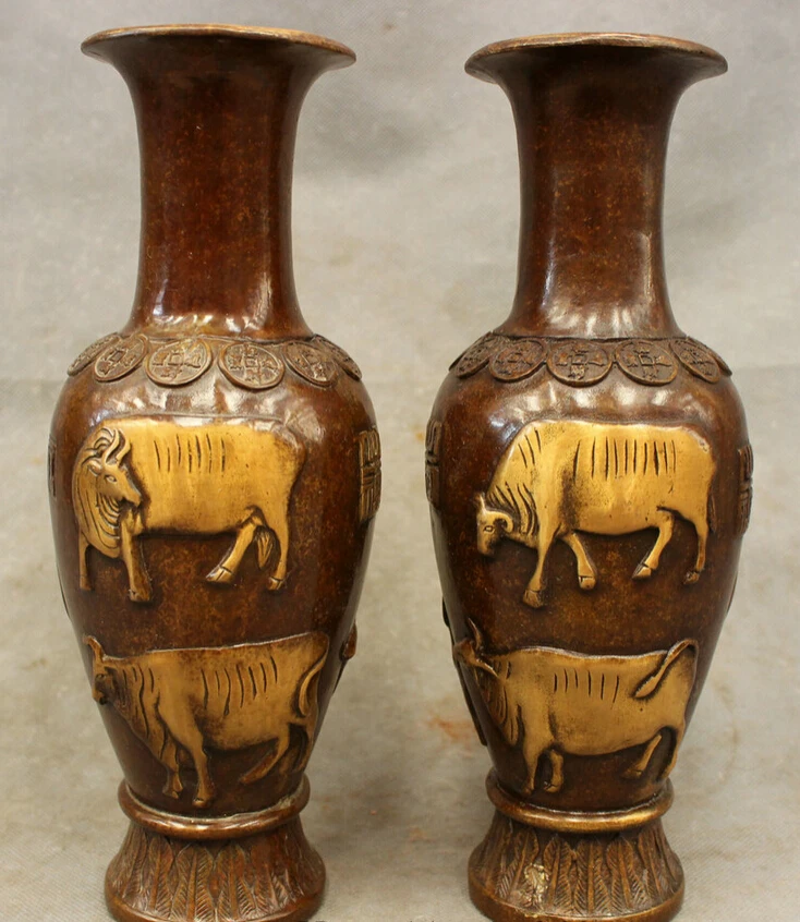 

S4781 10" Folk Chinese Bronze Wealth Coin Strong Bull Ox Statue Flower Pot Vase Pair D0317