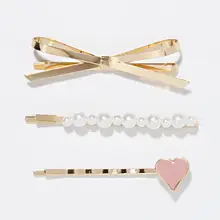3 шт./компл. сладкие девочки боковые пряди Заколки для волос цвета металлик с геометрическим рисунком с бантом в виде сердца имитация шпильки с жемчугом школьные заколка для волос