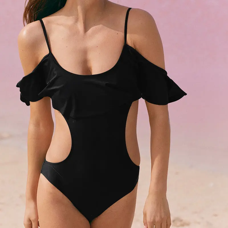 

Women Solid One-piece Ruffle Bandage Swimsuit Swimwear Push Up Monokini Bathing Suit Bikini