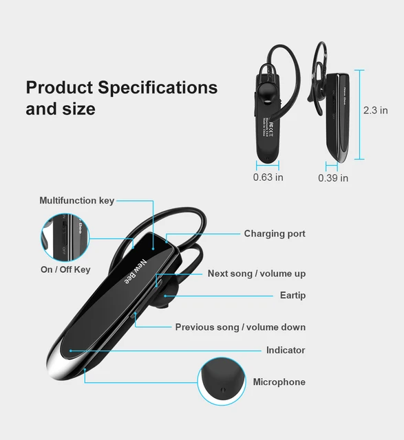  New Bee NB-V5.0 - Auriculares inalámbricos Bluetooth manos  libres 24 horas de conducción con 60 días de tiempo en espera con  cancelación de ruido, micrófono casco para iPhone Android Samsung portátil