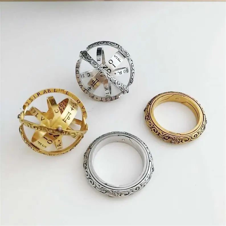 

Astronomical Sphere Ball Ring Men Jewelry Vintage Gold Color Creative Complex Rotating Cosmic letter Finger ring Couple Ring