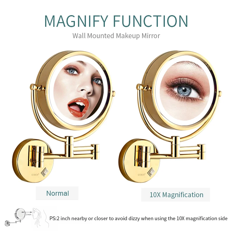 GURUN الحلاقة ماكياج مرايا مع أضواء LED و 10x/1X التكبير جدار شنت الحمام الغرور مضاءة الذهب مرايا 8.5\
