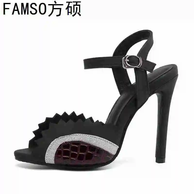 

FAMSO 2019 New Arrival Women Sandals Shoes Black Red Ruffles Office Lady Sexy Pumps Designer Female Brand Summer Sandals