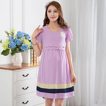 

Summer Chiffon Dress for Pregnant Women Large Size Short Sleeve Patchwork Knee Length Maternity Dress Cartoon Rabbit Mom Clothes