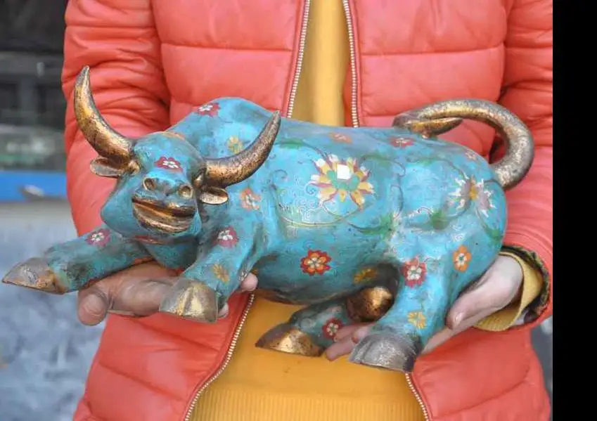 

671117029+++17" old china fengshui gilt bronze Cloisonne flower Ox Bull oxen Cattle statue