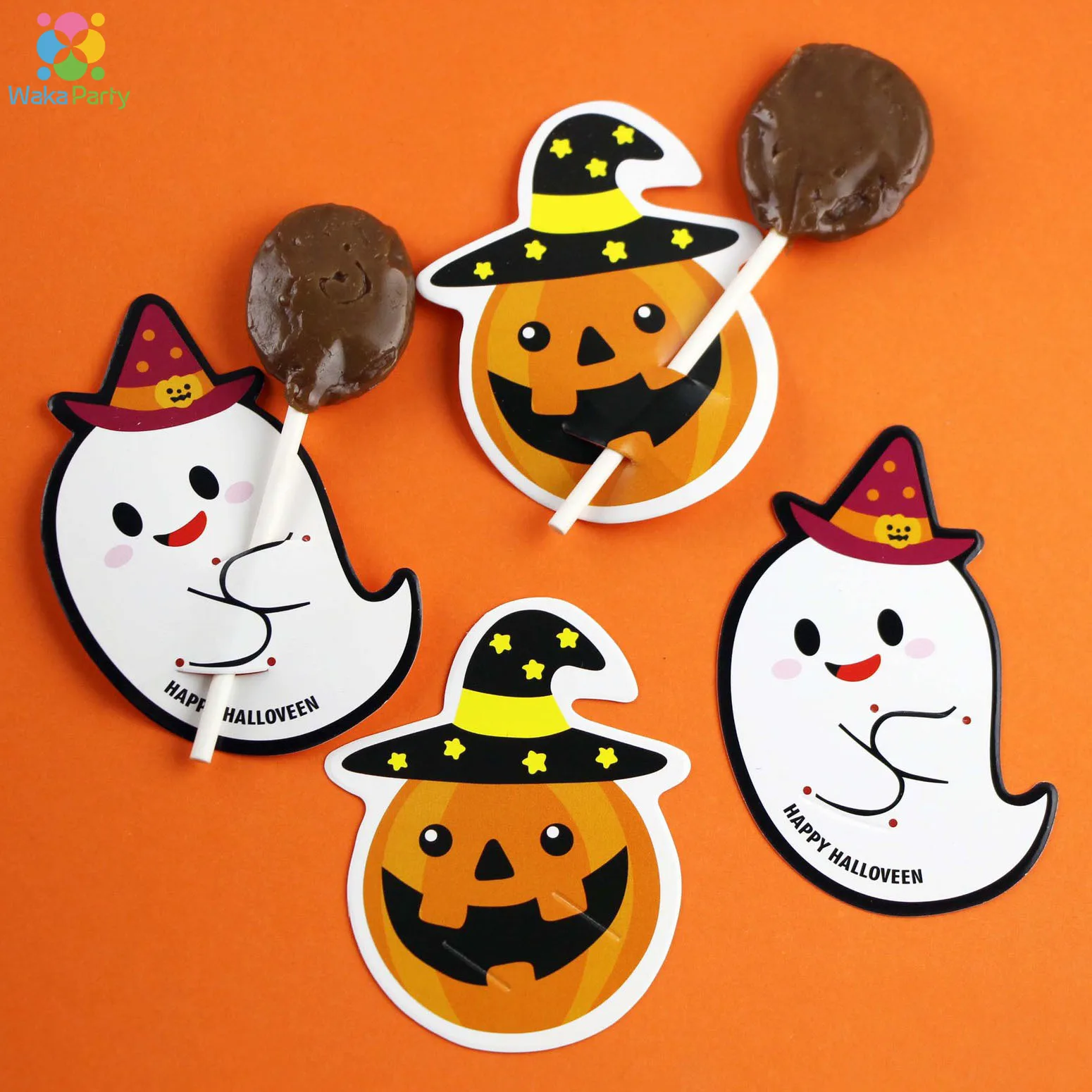 

50pcs/lot Cute Ghost Pumpkin DIY Cartoon Candy Lollipop Decoration Cards for Kids Halloween Eve Party Candy Favor Gifts Supplies