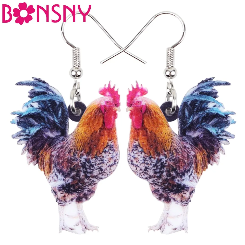 

Bonsny Acrylic Floral Elegant Chicken Rooster Earrings Drop Dangle Big Long Farm Animal Jewelry For Girl Women Ladies Teens Gift