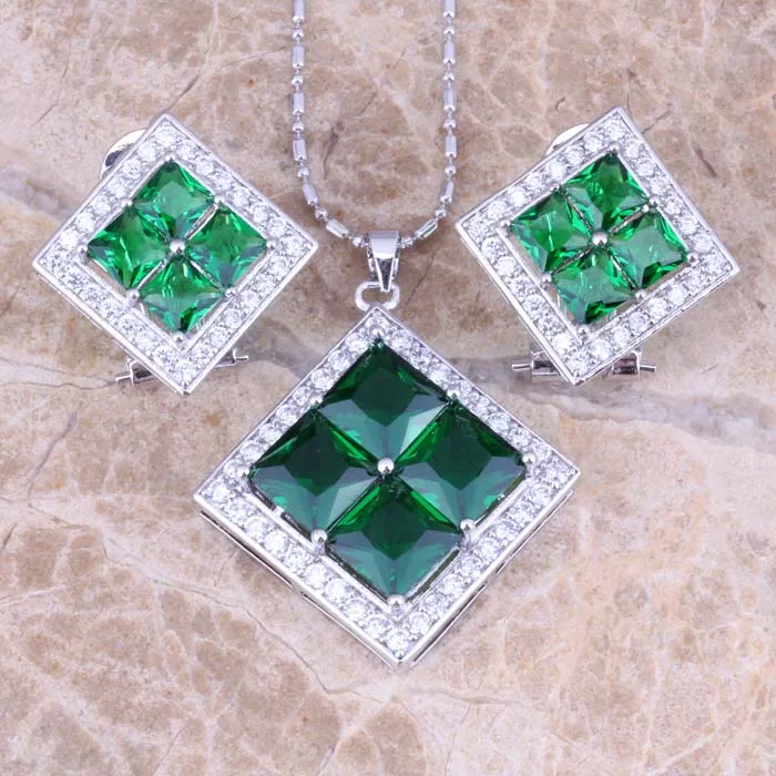 Incredible Green Cubic Zirconia 925 Sterling Silver Earrings Pendant