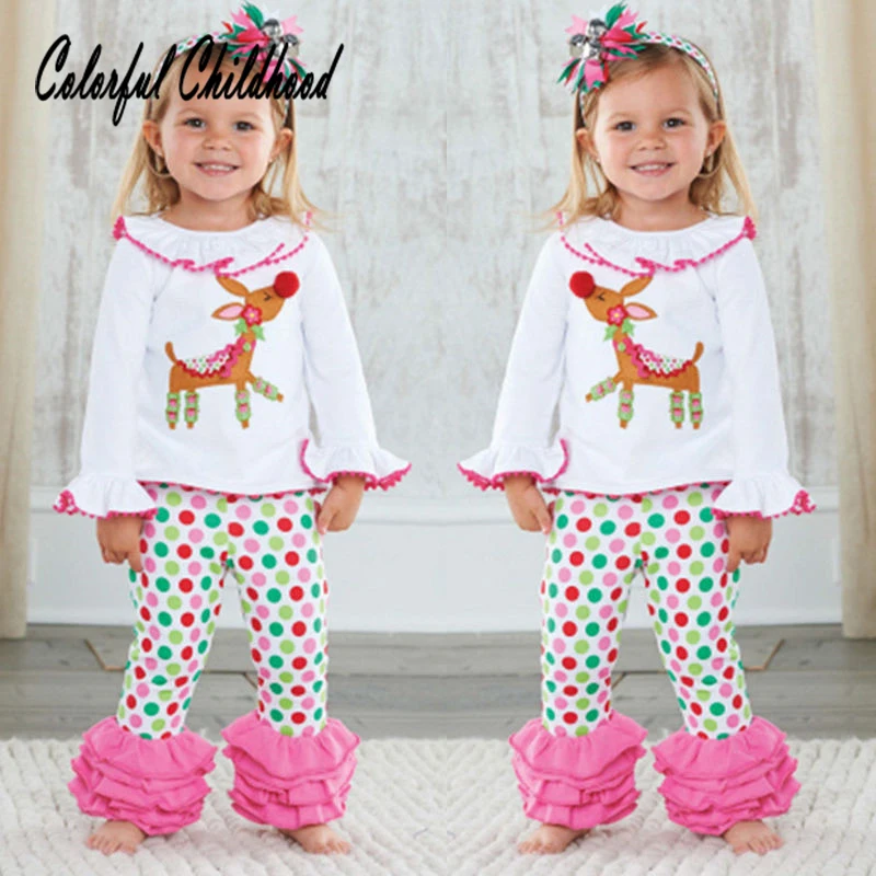 Рождественские серии кукла воротник с длинным рукавом мультфильм Лось рубашка + красочные горошек кружевные штаны комплекты из двух