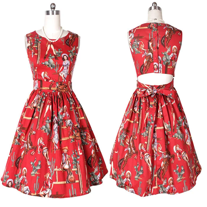 Back Open Audrey Hepburn 50s Vintage Style Women Western Girl Print Swing Dress Boat Neck Sleeveless Vestidos In Dresses From Womens Clothing Back Open Audrey Hepburn 50s Vintage Style Women Western Girl Print Swing Dress Boat Neck Sleeveless Vestidos In Dresses From Womens Clothing