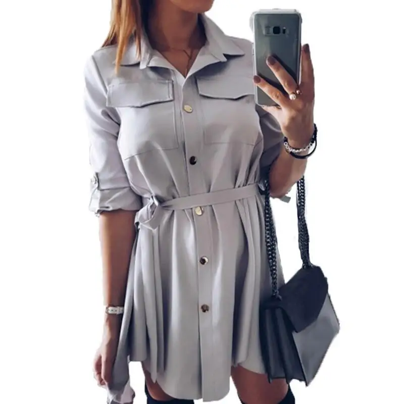 

Women Fashion Autumn Dresses Vintage Single-Breasted Turndown Collar Dress Office Lady Robe Mujer Clothing WS4390Y